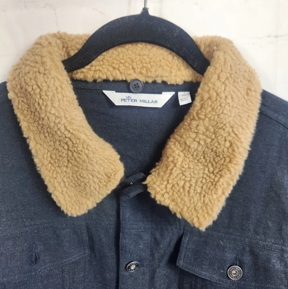 Peter Millar Mountainside Flannel Sherpa Collar Trucker Jacket Navy Men's XL